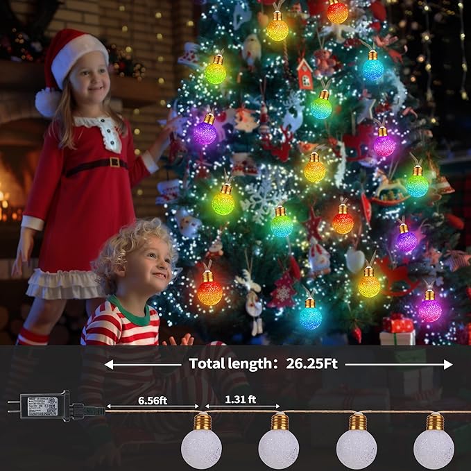 Toodour Christmas String Lights, 26Ft 16 LED Color Changing Globe String Lights, Vintage Rope Hemp Xmas Tree Lights for Home, Bedroom, Fence, Holiday, Indoor Outdoor Christmas Decorations