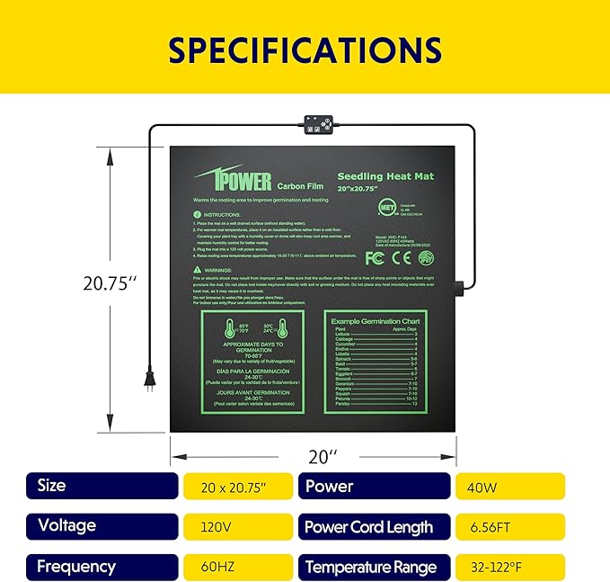 iPower 20" x 20.75" Waterproof Durable Seedling Heat Mat with Digital Thermostat Control Warm Hydroponic Plant, for Indoor Gardening & Germination Starting