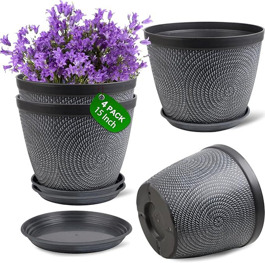 Quarut 4 Pack 15 Inch Large Planter Pot for Plants Outdoor Indoor, Plastic Flower Pots with Drainage Hole & Saucer, Modern Decorative Medium Large Plant Garden Pot, Plant Container for House (Gray)