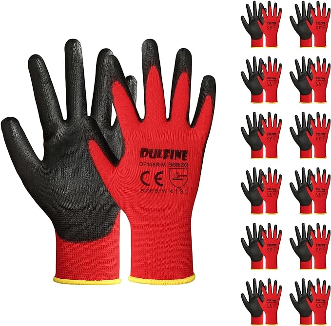 DULFINE Safety Work Gloves PU Coated-12 Pairs,Red Seamless Knit Glove with Polyurethane Coated Smooth Grip on Palm & Fingers, for Men and Women, Ideal for General Duty Work (Extra Large)
