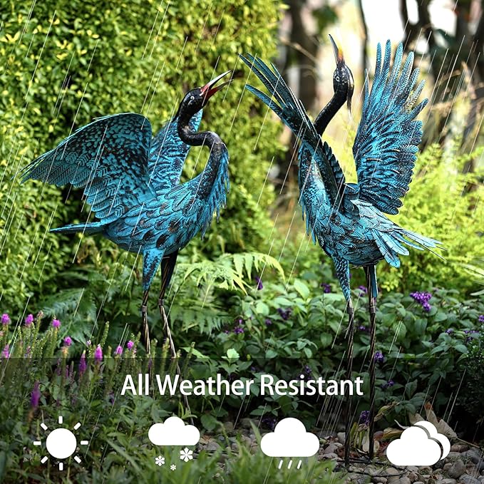 Natelf Garden Crane Sculptures & Statues, Blue Heron Decor Outdoor Large Bird Yard Art, Standing Metal Herons Lawn Ornaments for Home Patio Porch Backyard Decorations(Set of 2)