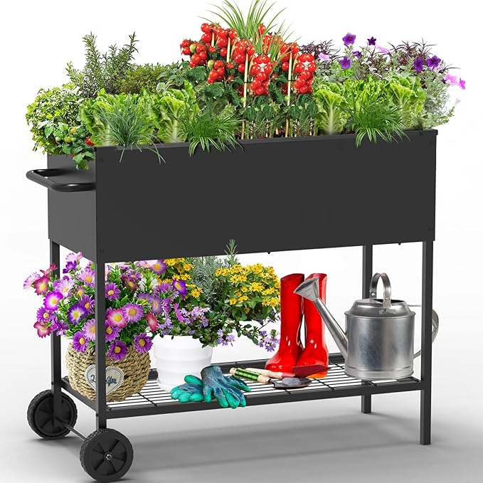 34 × 15 × 31 Inches Raised Garden Bed with Legs/Storage Shelf, Mobile Planter Box for Outdoor Plants, Elevated Garden Bed for Backyard, Balcony, Black