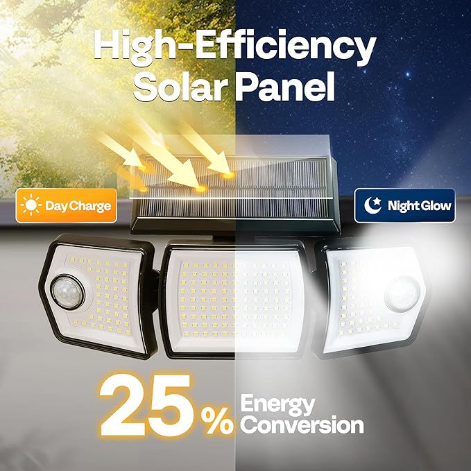 VIVOHOME Linkable Solar Lights Outdoor, Dual Roating Motion Sensor Flood Lights Solar Powered Security Light with 3 Heads, 2500LM, IP65 Waterproof for Outside, Yard, Garage, Wall, Patio, 2 Pack