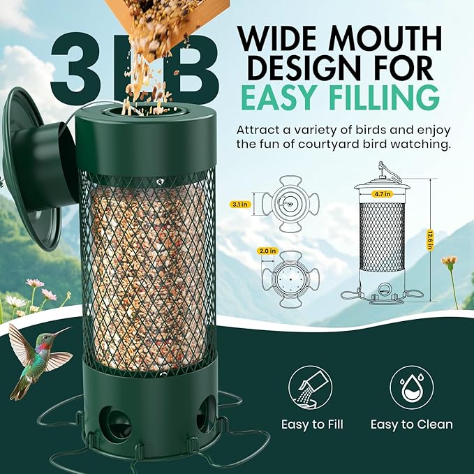 Metal Squirrel Proof Bird Feeders for Outdoors Hanging,Weight-Activated Large Capacity Feeder for Wild Finch, Cardinal,Blue Jay, Chickadee, Weatherproof and Durable 4 Perches,Green