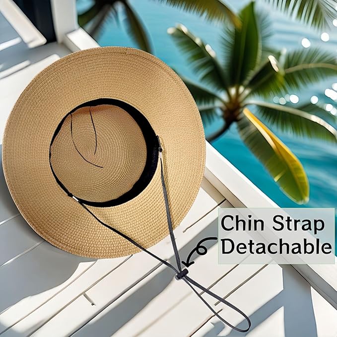 Beach Sun Straw Hats for Women, Summer Sun Protection Foldable Packable Wide Brim Hat