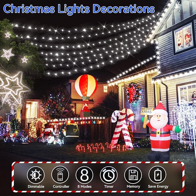 Hezbjiti 2 Pack 1000 LED 403 FT Christmas String Lights Outdoor, 8 Lighting Modes IP44 Waterproof Fairy Lights with Timer and Dimmable Function for Party Tree Decorations (Cold White, Green Wire)