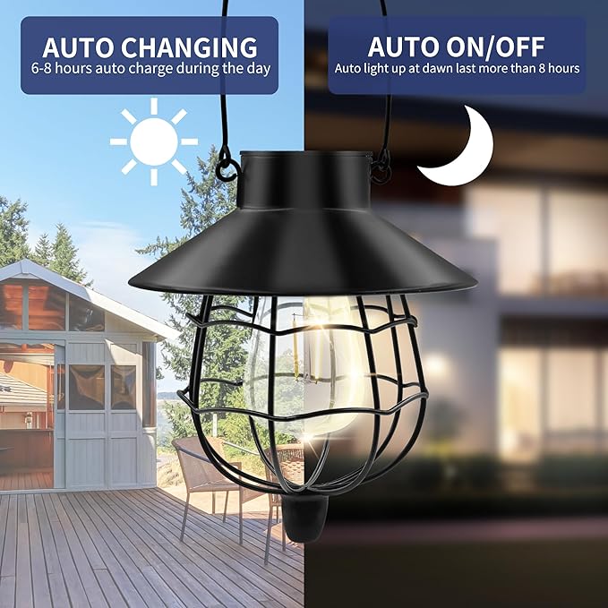 Solar Hanging Lantern Outdoor Waterproof Solar Lanterns Hanging Lights for Outside with Bright Warm White Light for Garden Patio Yard Pathway 2 Pack(Black)
