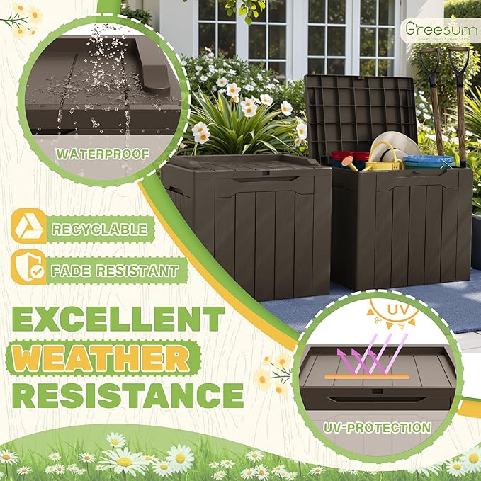 Greesum 31 Gallon Deck Box for Outside, All Weather Outdoor Storage Boxes for Patio Furniture Set, Package Delivery Box, Garden Tools, Brown(Set of 2)
