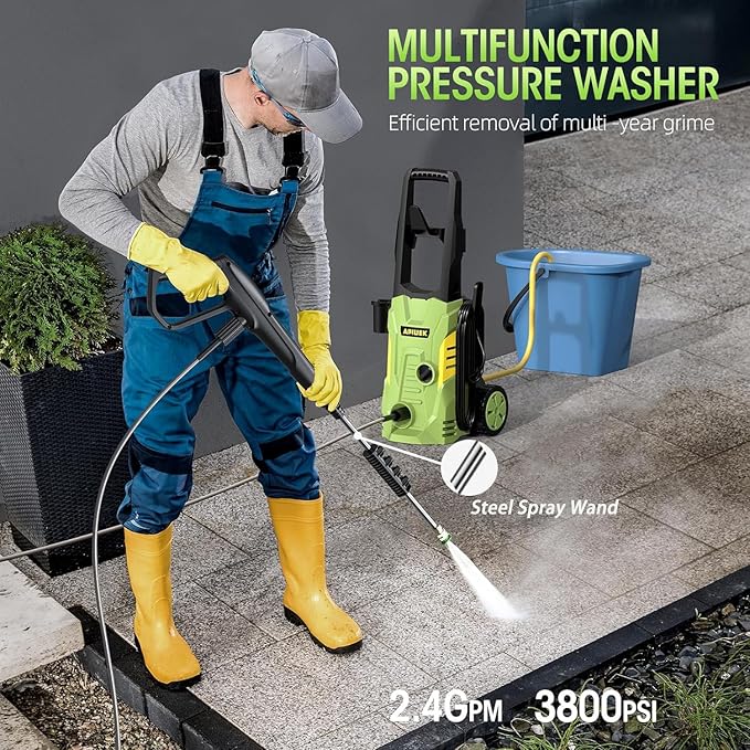 Electric High Pressure Washer - Portable Washer with 23 FT Water Outlet & 6.6 FT Inlet Hose, Steel Spray Wand, Foam-Adjustable Cannon,4 Nozzle Set, Cleans Car/Patio/Fence/Window, 3800PSI 2.4GPM