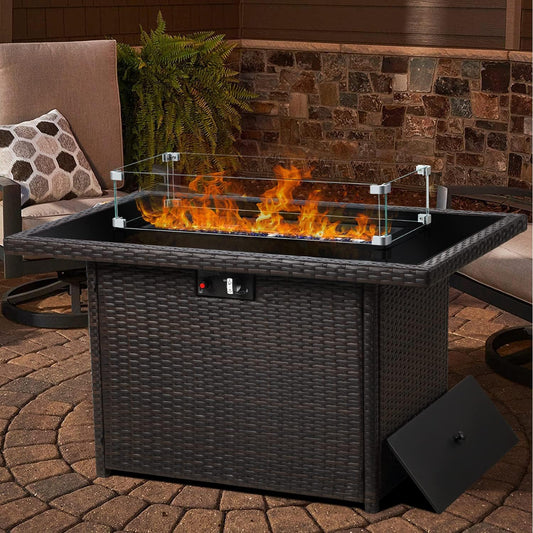 LayinSun 44" Propane Gas Fire Pit Table, 55000 BTU Rectangular Fire Pit with Glass Wind Guard for Outside Patio Deck Garden Backyard