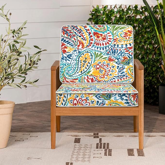 LVTXIII Patio Chair Cushions 22"x22"x3", Water-Repellent Outdoor Seat Cushions for Patio Furniture, Square Chair Pads with Ties for Home Garden Decoration, Set of 2, Paisley Multi