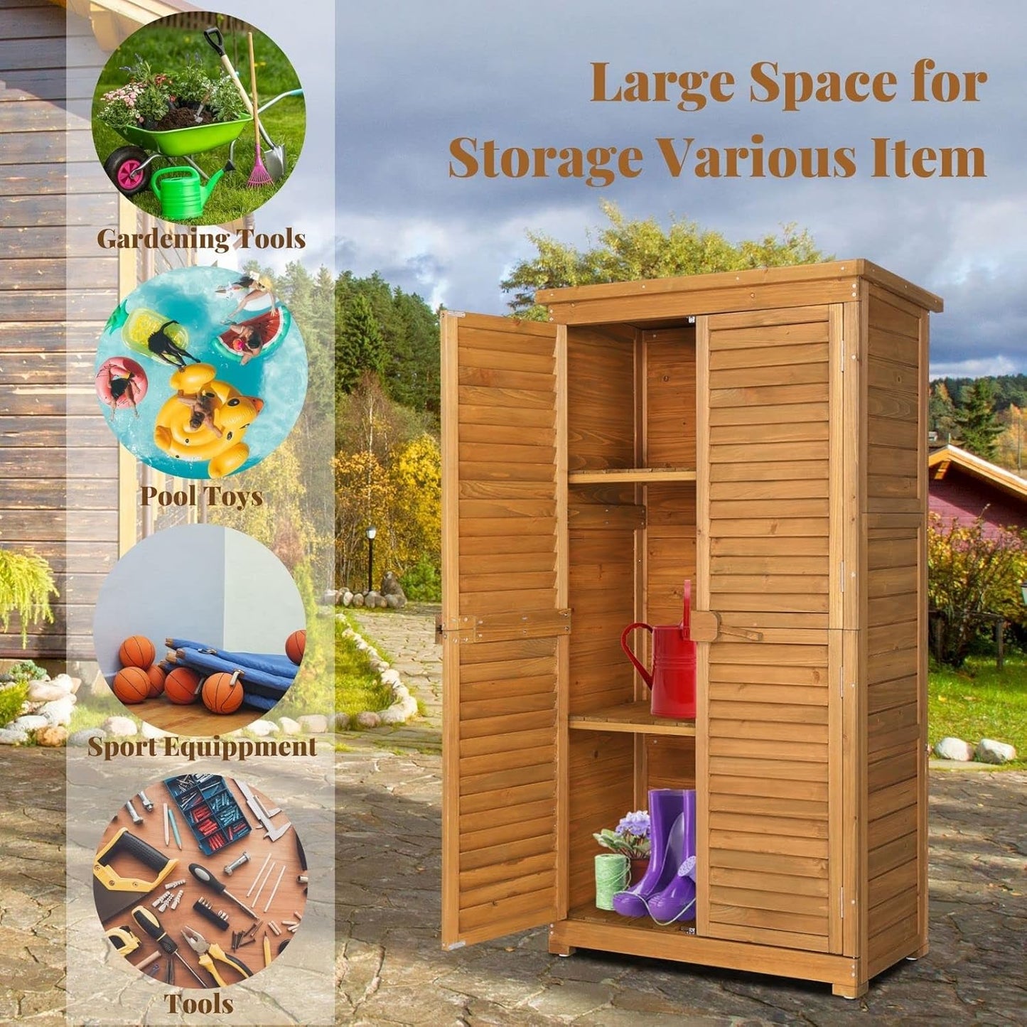 Outvita Outdoor Storage Cabinet, 63in Wooden Garden Tools Shed with 2 Lockable Doors, 3 Adjustable Shelves, Waterproof Roof for Yard Garge Patio Deck Porch, Natural