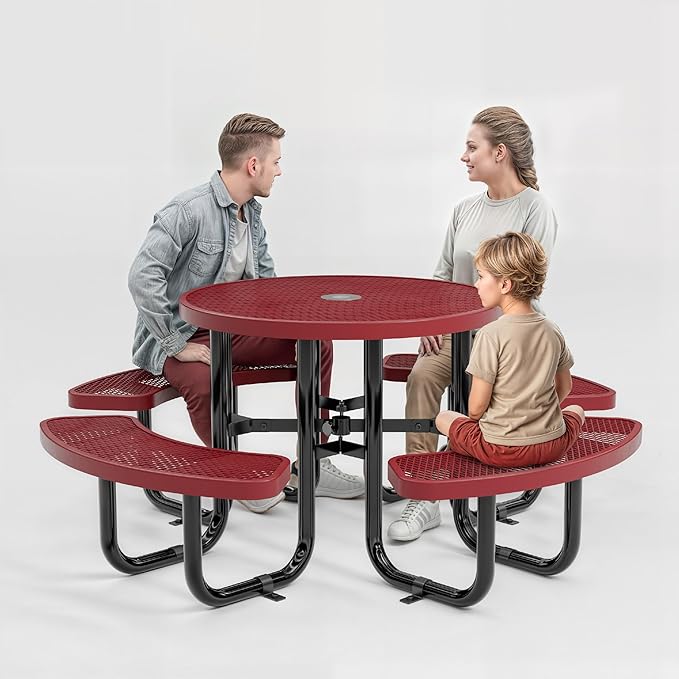 Metal Picnic Tables for Outdoors with Umbrella Hole - Coated Steel Heavy Duty Commercial Grade Table with Adjustable Seats (Red, 38 in, Round, Expanded Steel)