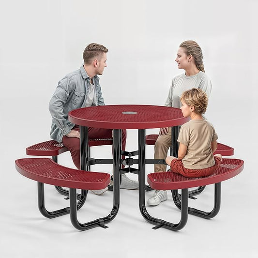 Metal Picnic Tables for Outdoors with Umbrella Hole - Coated Steel Heavy Duty Commercial Grade Table with Adjustable Seats (Red, 38 in, Round, Expanded Steel)