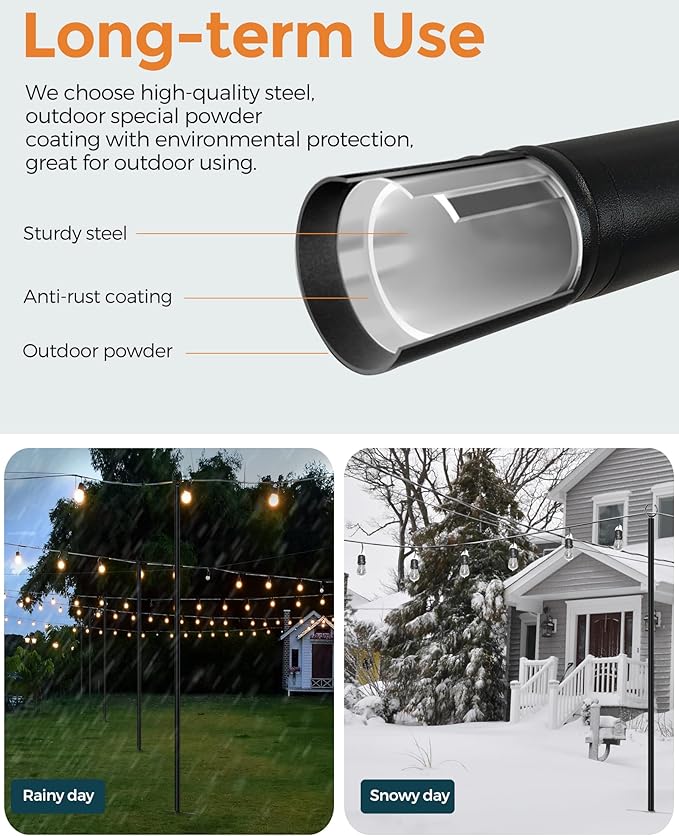 LAND·VOI Metal String Light Poles for Outside Hanging - Backyard, Garden, Patio, 1 Pack Lighting Stand with Adjustable Height for Outdoor Parties, Wedding, Extra-Long 5-Prong Claws, (9.6FT) FLP01B