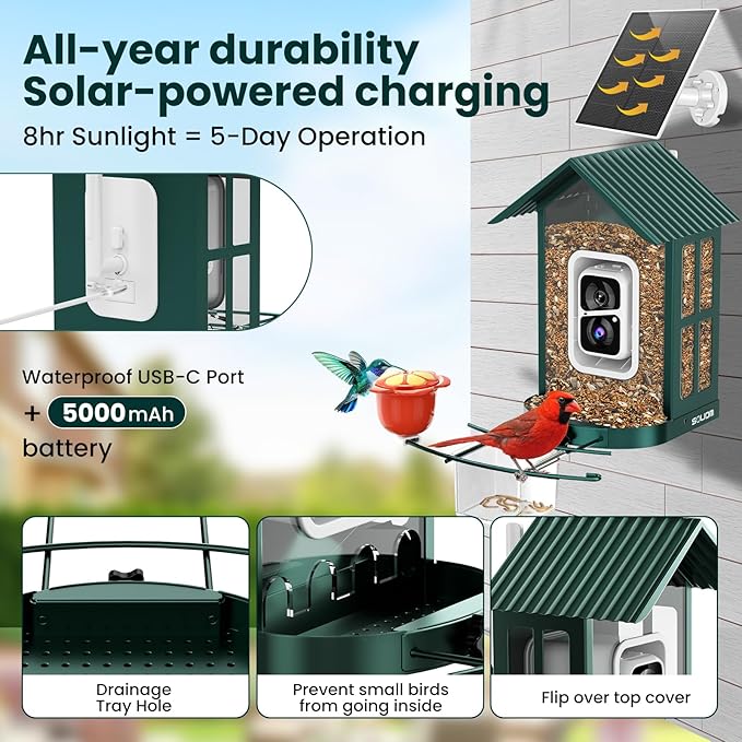SOLIOM Solar Bird Feeder with Camera for Outdoors - AI Smart Birdhouse, 2K Live View & Instant Alerts, Squirrel Proof - Perfect Bird Watching Gift (Green)