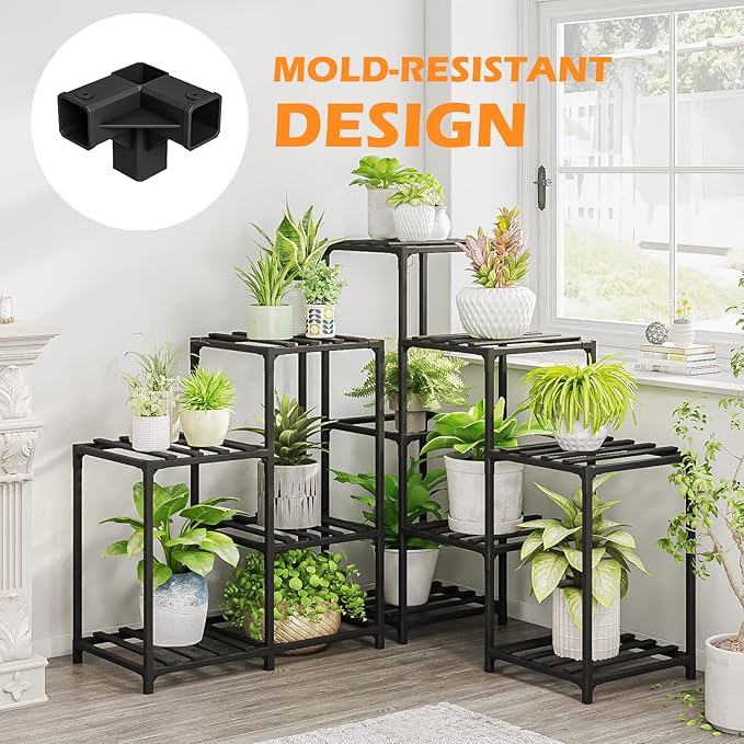 Bamworld Outdoor Plant Stand Indoor Black Corner Shelf 5-Tier 11 Potted Flower Shelves Wooden Garden Wood Plant Holder Rack for Living Room Lawn Window