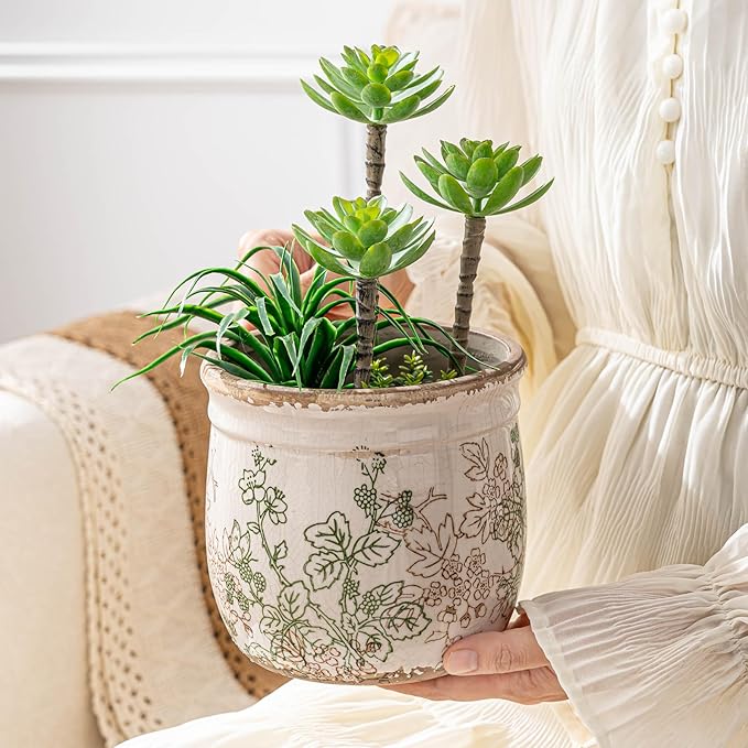 Set of 2 Ceramic Planters for Indoor Plants, 4.7+5.7 Inch Vintage Pots without Drainage Hole , Pastoral Rustic Planter Set, Decorative Ceramic Plant Pots for Flower, Indoor Planter Pots for Home Decor