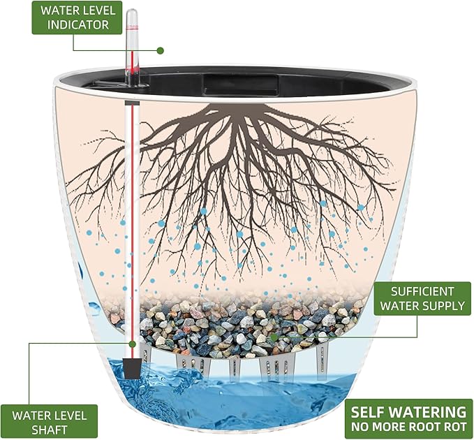 Dexceder 15x14 Rattan Self Watering Planter with Wheels Indoor Outdoor, Inner Pot Design, Thickened Large Floor Standing Flower Plant Pot with Water Level Indicator (Ivory White)