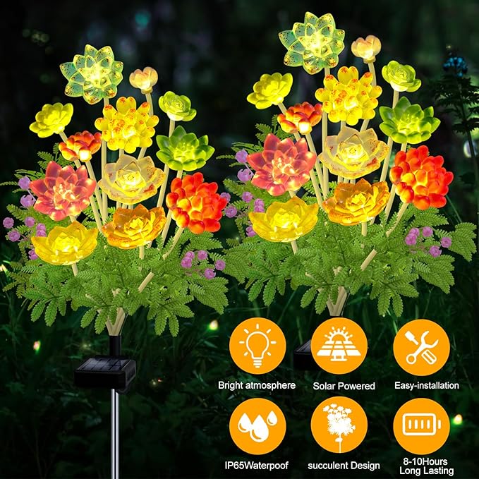 Kohlrabi Solar Garden Lights Outdoor, 2 Pack Upgraded Succulent Solar Lights, Mothers Day Gifts for Woman Mom Grandmom, Succulent Plant Yard Decor Waterproof for Lawn Patio Pathway