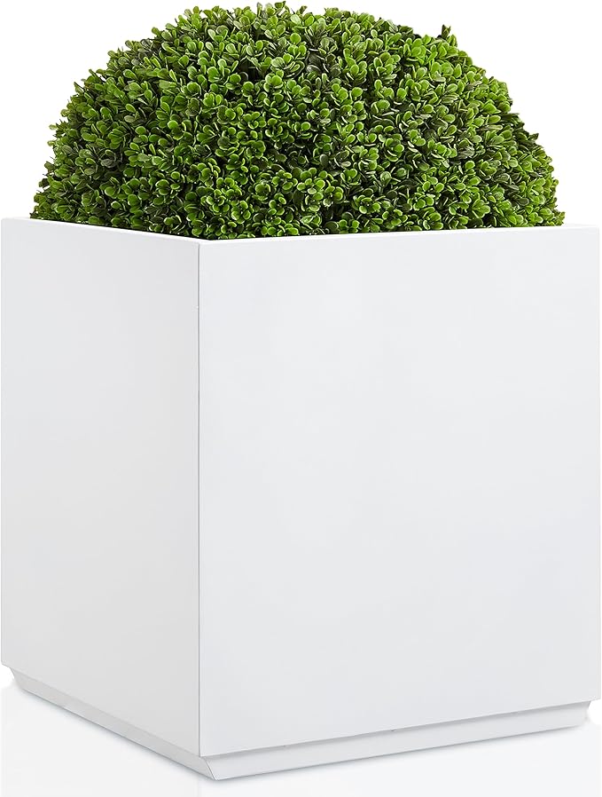 Metallic Heavy Planter Box for Outdoor or Indoor, No Assemble and Seamless, Large Square Planter, Cube Planter for Tall Trees, Plants, Flowers 21Lx21Wx24H 35Pounds White
