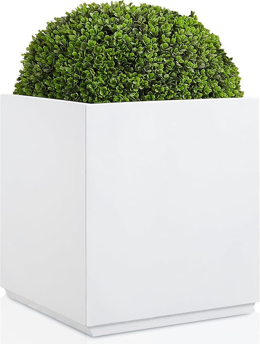 Metallic Heavy Planter Box for Outdoor or Indoor, No Assemble and Seamless, Large Square Planter, Cube Planter for Tall Trees, Plants, Flowers 21Lx21Wx24H 35Pounds White