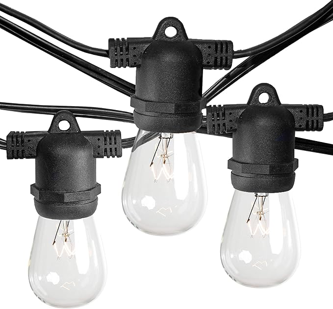 Hometown Evolution, Inc. 100 Foot Commercial Grade Outdoor String Lights (100 Foot 50 Socket, S14 11 Watt Clear Light Bulbs)