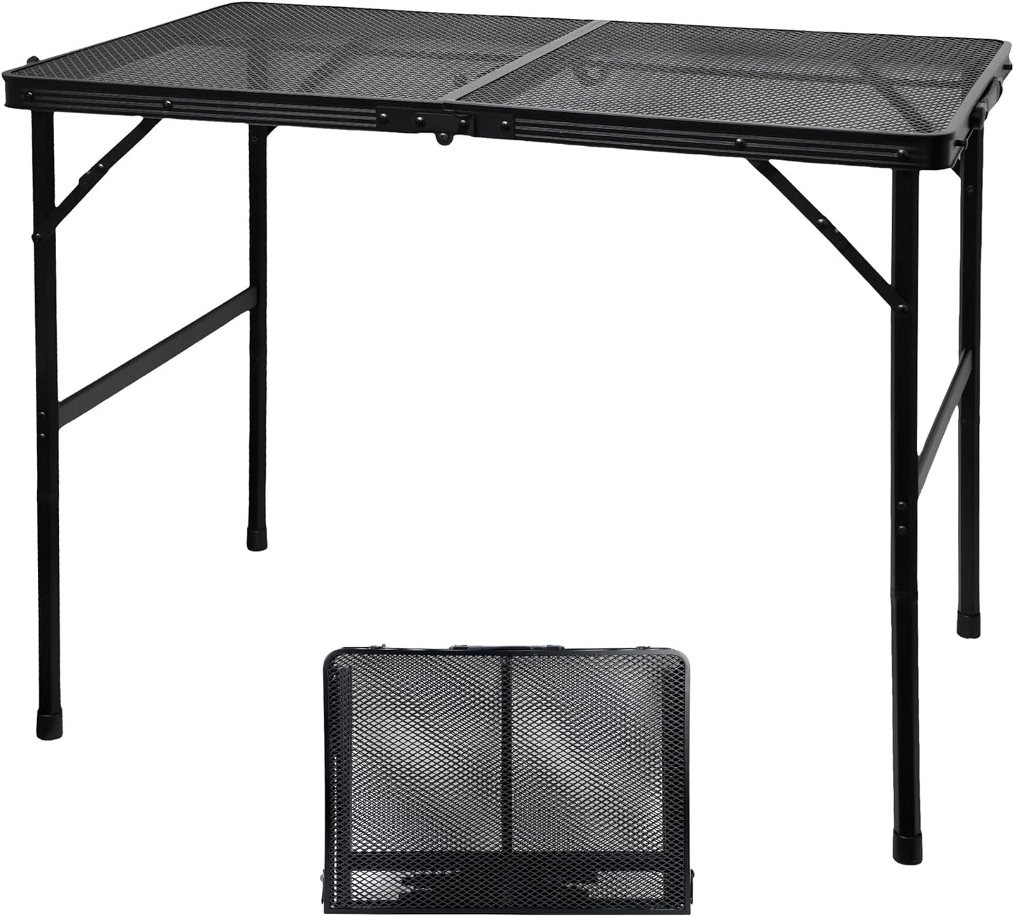 Camping Table with Mesh Desktop, Lightweight & Portable Folding Grill Table, Height Adjustable Metal Outdoor Table for Camp, Cooking, BBQ, RV, Picnic-3 FT Black