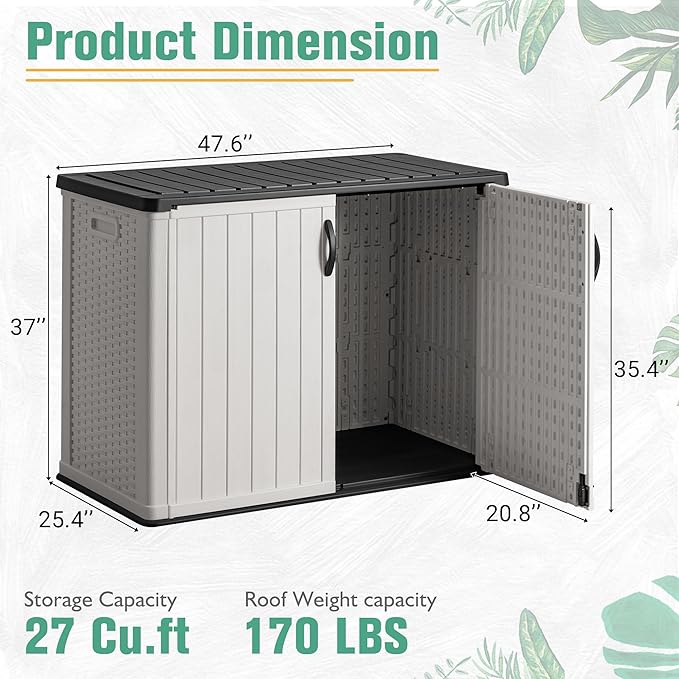Greesum Outdoor Horizontal Storage Sheds 27 Cu.ft Resin Large Storaged Box Weather Resistance, Without Shelf, Easy to Assemble, Prefect for Garden, Patios, Backyards, White