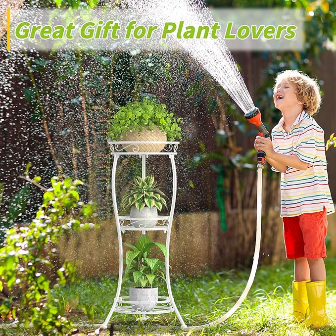 KMOTASUO 3 Tier Tall Metal Plant Stand, 34 Inch Plant Stands Indoor Outdoor, Rustproof Wrought Iron Flower Pot Holder Display Rack for Corner Patio Garden Balcony Living Room(White)