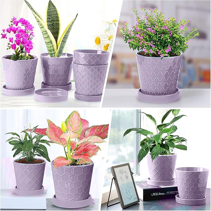 Plant Pots Indoor –5 in Ceramic Flower Pot with Drainage Hole and Ceramic Tray - Gardening Home Desktop Office Windowsill Decoration Gift, Set of 4 - Plants Not Included(Purple)