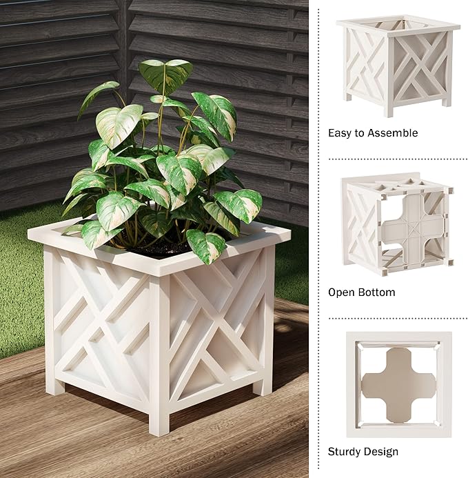 Lattice Design Planter Box 2-Pack – 14.75-Inch Decorative Outdoor Flower or Plant Pots – Front Porch, Patio, and Garden Decor by Pure Garden (White)