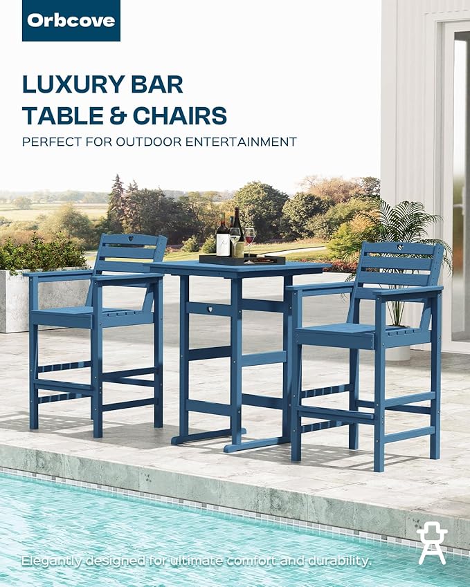 3-Piece Bar Height Patio Table and Chairs Set, HDPE Wood Grain Outdoor Bar Table and Chairs with Heart Cutout Design, Weather-Resistant Bar Height Furniture for Deck, Porch, Pool (Navy Blue)