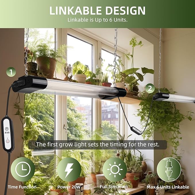 18inch 2 Pack LED Grow Lights - Linkable Grow Lights for Indoor Plants, Full Spectrum Plant Lights Plug and Hanging Design with Auto On/Off Timer Hanging Grow Light from Seedling to Flowering