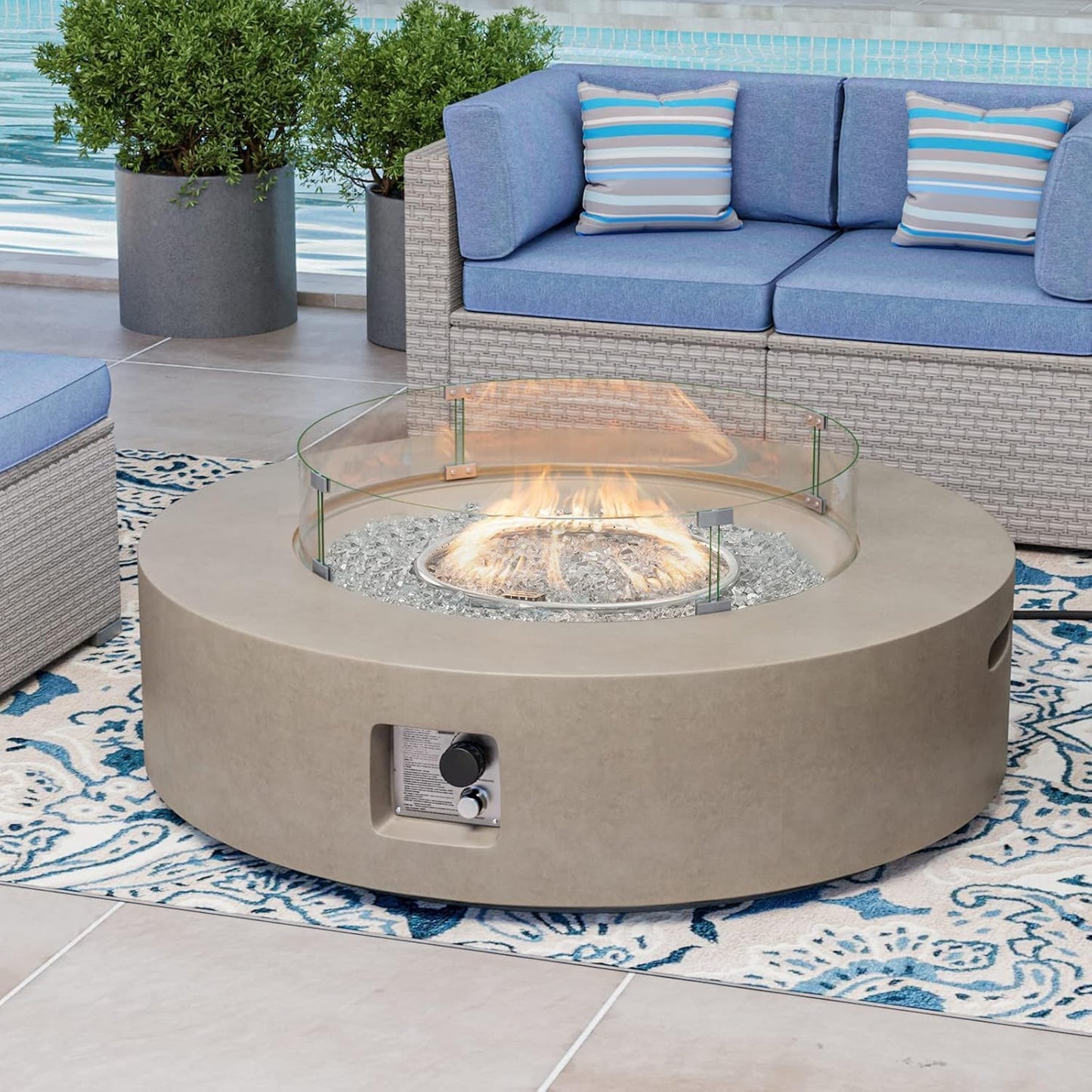 COSIEST Outdoor Propane Fire Pit Coffee Table w Gray 42 inch Round Base Patio Heater, CSA Certified, 50,000 BTU Stainless Steel Burner, Wind Guard, Transparent Gray Fire Glass, Rain Cover