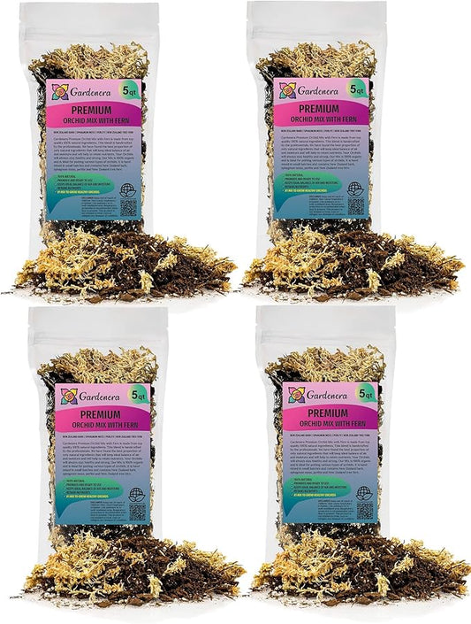Premium Orchid Mix by GARDENERA - 20 Quart - Fern + New Zealand Pine Bark + Sphagnum Moss + Perlite | Best for Growing and Repotting Orchids (4 Bags of 5 QT)