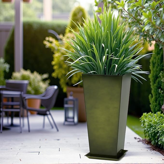 WORTH Garden 25" Large Metal Glazed Planter Set of 2, Luxurious Glossy Finish Green Tall Square Tapered Steel Plant Pots, Decor Flower Pot Indoor & Outdoor, Drainage Hole & Dual-Purpose Plant Saucer