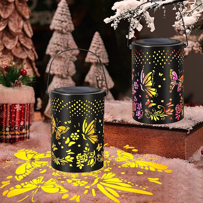 Solar Lantern Butterfly Outdoor Waterproof,Two Lighting Modes Garden Decor Christmas Gifts for Women Mom Grandma Hanging Solar Lights Metal Decor for Outside,Backyard,Patio