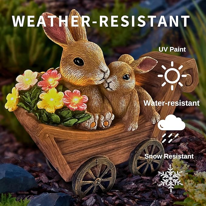 Bunny Solar Garden Statues, Rabbit Decor & Yard Ornaments, Cute Garden Decor for Outside, Gifts for Moms, Solar Figurines Outdoor Statue, Gardening Gifts for Women, Bunnies Ornament - Medium