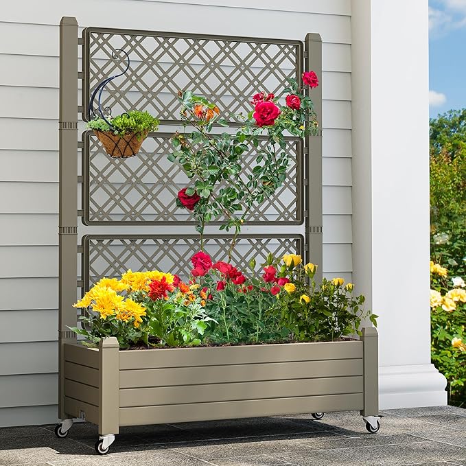 YITAHOME 43.3x17.7x61 in Planter Trellis Box with Wheels & Drain Plug, Outdoor Resin Raised Garden Bed for Climbing Plants, Large Weather-Resistant Design, Light Brown
