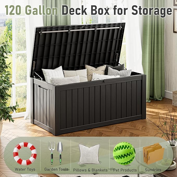 NUNU LAB Outdoor Storage Box,120 Gallon Deck Box,Resin Waterproof Outside Storage Bench,Outdoor Storage Cabinet With Lockable Lid,Backyard Deck Box For Garden Tools,Patio Cushions,Pool Accessories
