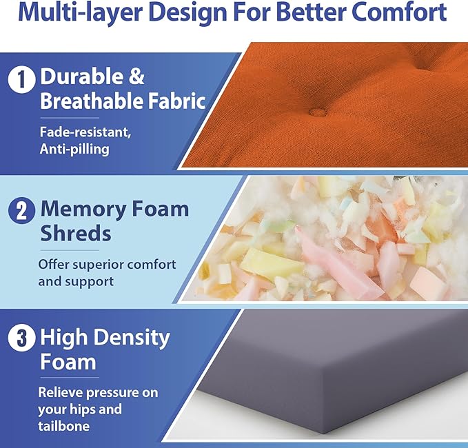 Chair Cushions for Dining Chairs, Dining Chair Cushions, Tufted Indoor Chair Pads with Ties & Non Slip Backing, Seat Cushions for Kitchen Chairs 16.5” x 16.5” x 3.5”, Set of 4, Orange