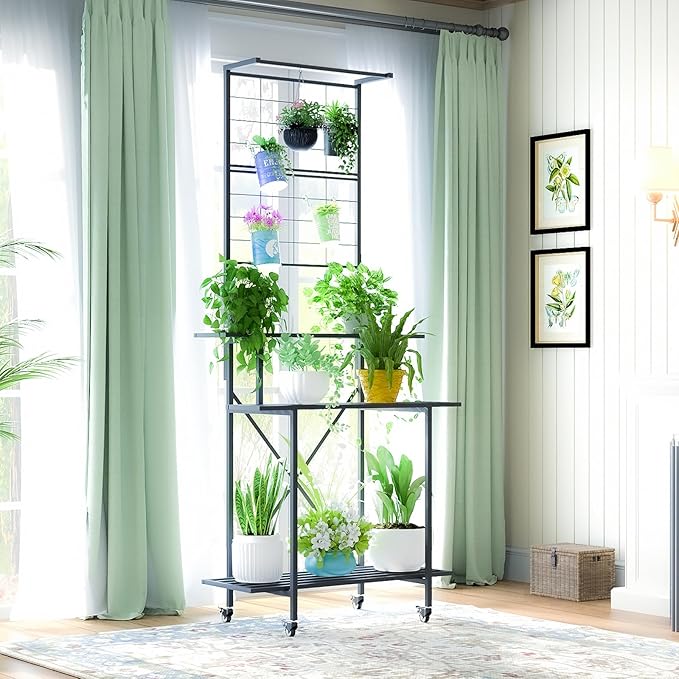 Zhongma 3 Tier Heavy Duty Plant Stand with Hanging Plant pot shelf with wheels, 35.43 L x 18.11 W x 81.1H multi layer plant Holder for Home, Garden, Plant Lovers,Metal Storage Rack Shelf/Freestanding