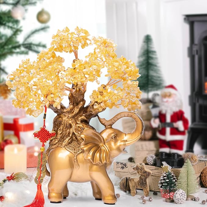 Citrine Crystal Money Tree on Gold Elephant Statue, 17”Large Gemstone Bonsai Tree of Life Home Décor Gifts for Wealth Positive Energy, Feng Shui Décor