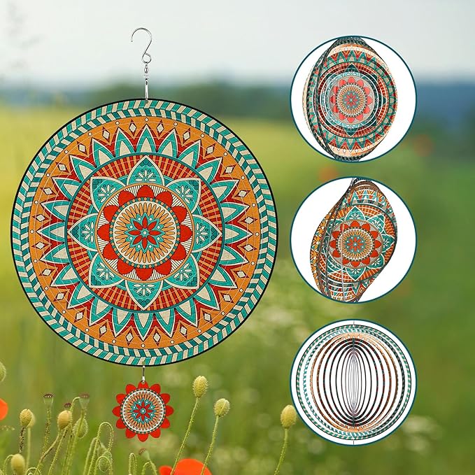 TUOKING Mandala Wind Spinners Outdoor Metal 3D Hanging Art Wind Spinner 12 Inch Stainless Steel for Yard and Garden Decoration Worth Gift for Women