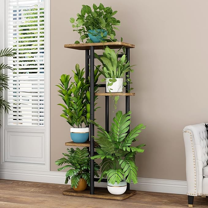 LINZINAR Plant Stand 4 Tier 5 Potted Indoor Plant Shelf Multiple Stands for Garden Corner Balcony Living Room (4 Tier 5 Potted, Black)