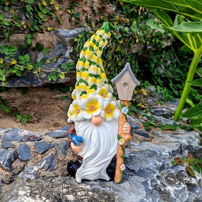 Solar Gnome Statue with Flower Hat - Solar Resin Garden Outdoor Statue Sculpture,Whimsical Gnome Figurine for Woman Gift Home and Garden Decor