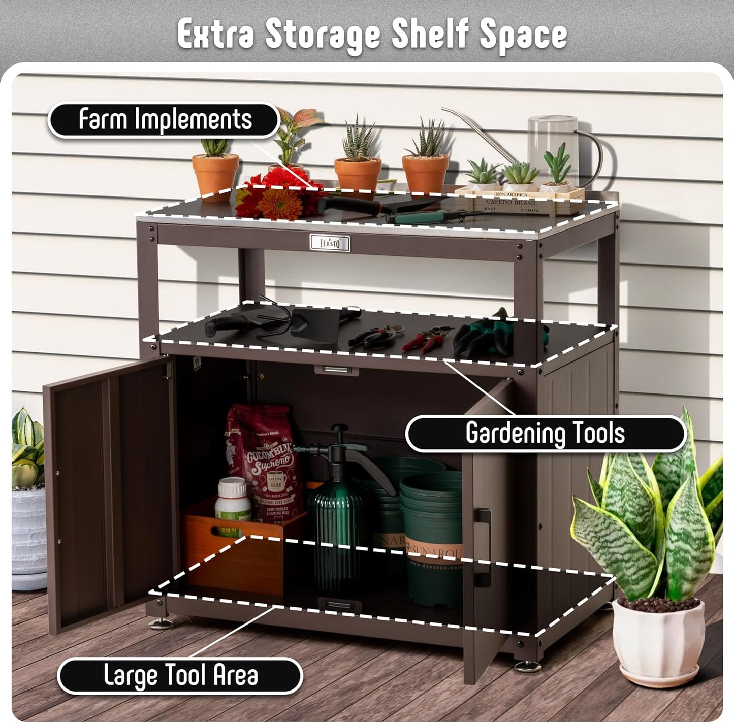 Garden Potting Bench with Storage Cabinet,Outdoor Gardening Table & Work Bench for Plants, Horticulture,Outdoor Workstation with Stainless Steel Tabletop,Outdoor Work Table
