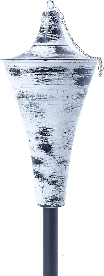 Set of 4, Oahu Premium Metal Outdoor Torches for Patio, Lawn and Garden - Tiki Style Metal Torch/w Snuffer, Fiberglass Wick & Large 16oz Oil Lamp - 53" Tall (Whitewash)