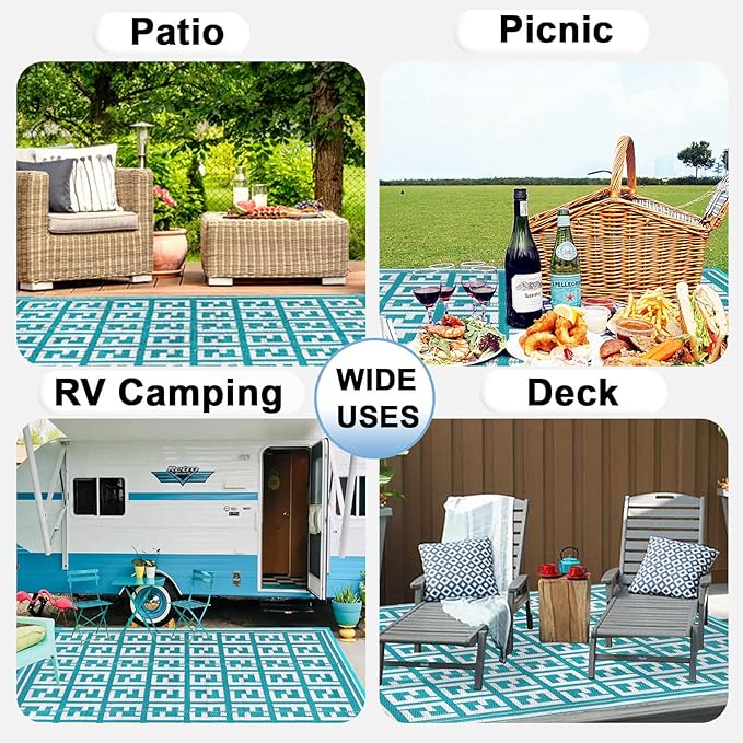 OutdoorLines Outdoor Plastic Area Rugs for Patio 5x8 ft - Reversible Outside Carpet, Stain & UV Resistant RV Mats, Straw Rug for Camping, Deck Garden, Porch and Balcony, Geometry Teal & Light Grey